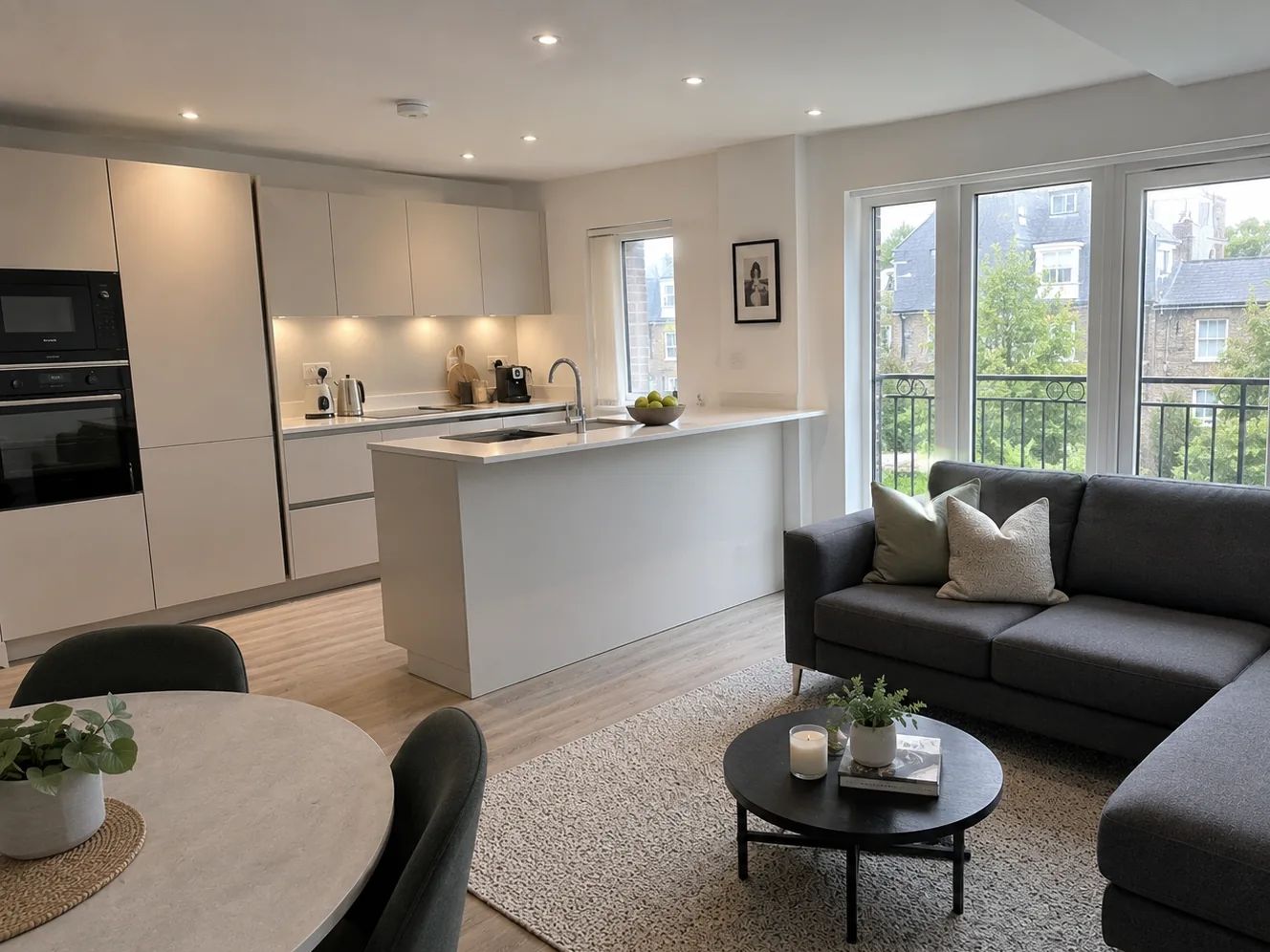 Clean, bright open-plan kitchen and living room in a London flat